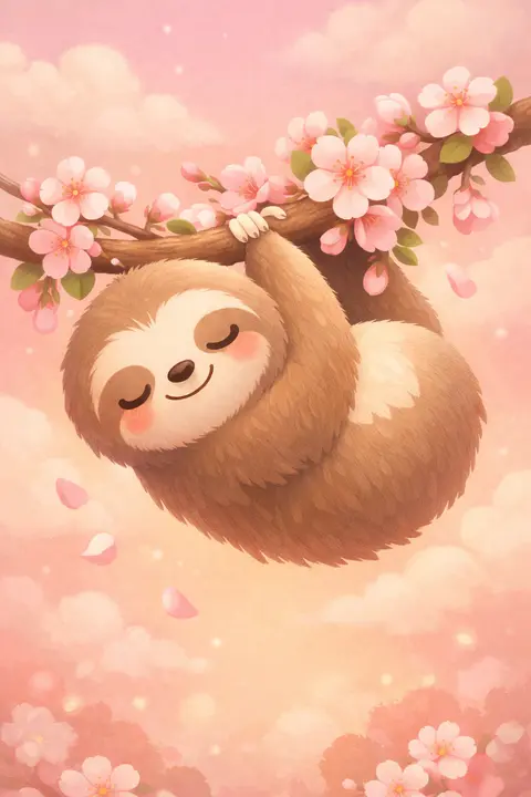 Cute sloth wallpaper with a sleepy round sloth hanging from a pastel blossom branch