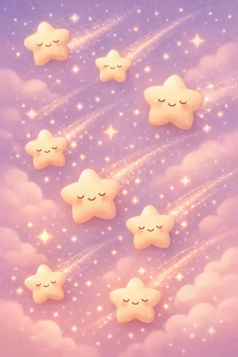 Cute star wallpaper with smiling round stars falling across a soft lilac night sky