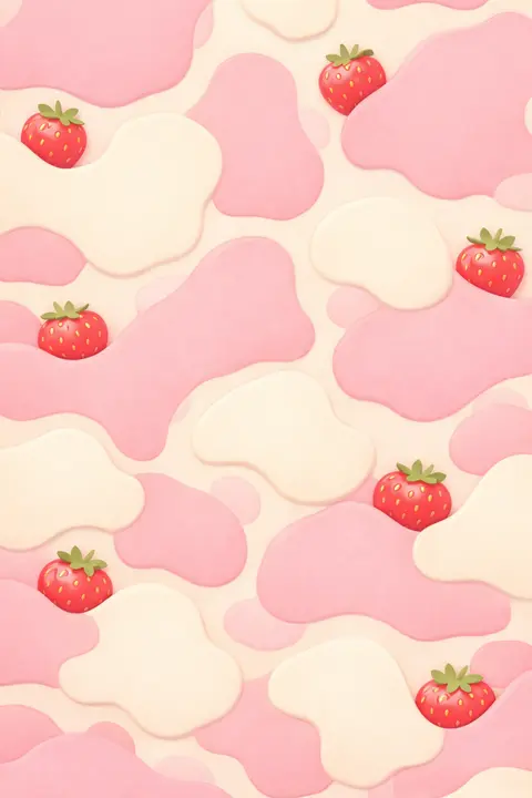 Cute strawberry cow print wallpaper in pale pink and cream with small ripe strawberries