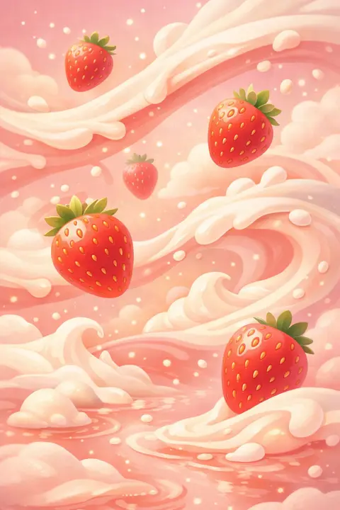 Cute strawberry milk wallpaper with floating strawberries and cream swirls in pink tones