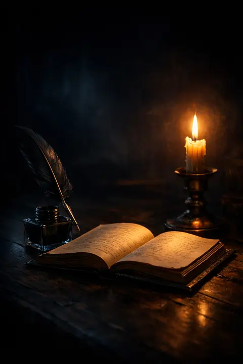 Dark academia wallpaper with an open leather book, ink pot and quill lit by a single candle