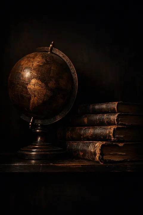 Dark academia wallpaper with an antique globe and worn atlases on a shelf in a dim study