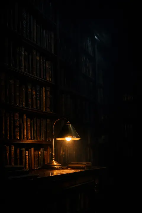 Dark academia wallpaper with towering old bookshelves and one brass reading lamp in the dark