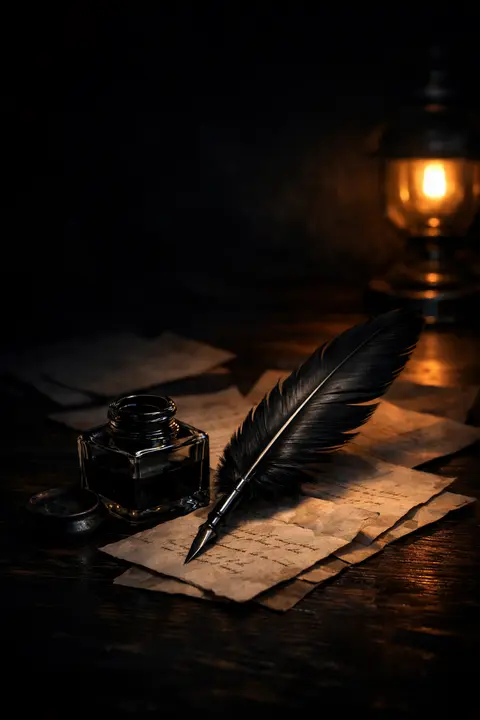 Dark academia wallpaper with an ink pot, quill and handwritten letters on dark wood by lamplight