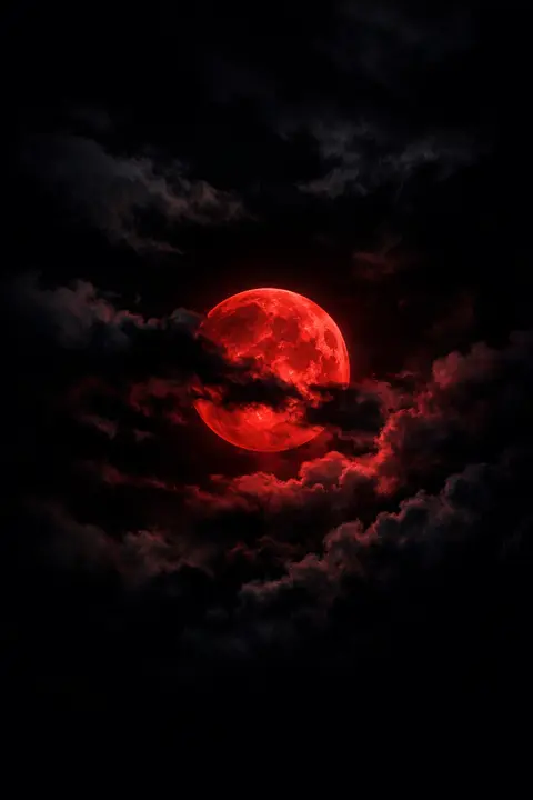 Dark red wallpaper with a deep red blood moon glowing behind torn night clouds