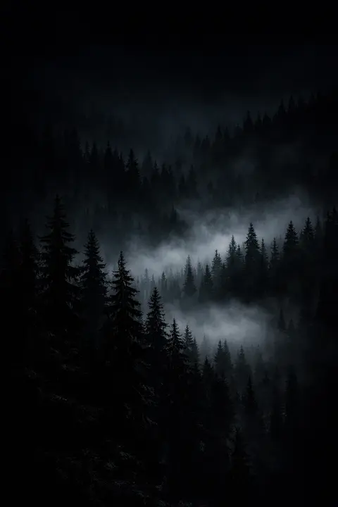 Dark wallpaper of a black pine forest dissolving into silver fog