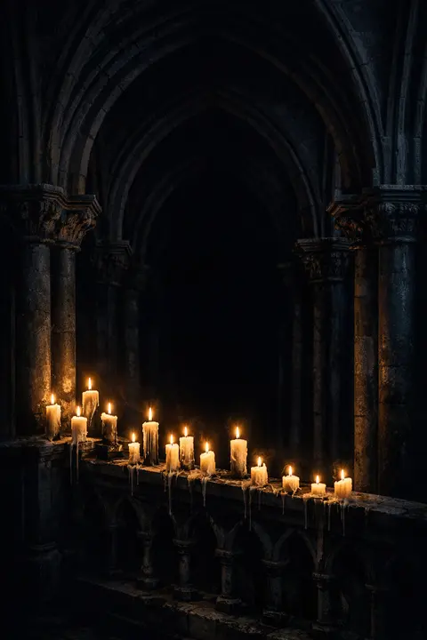 Dark gothic wallpaper with a stone arcade lit by a row of dripping candles in deep shadow
