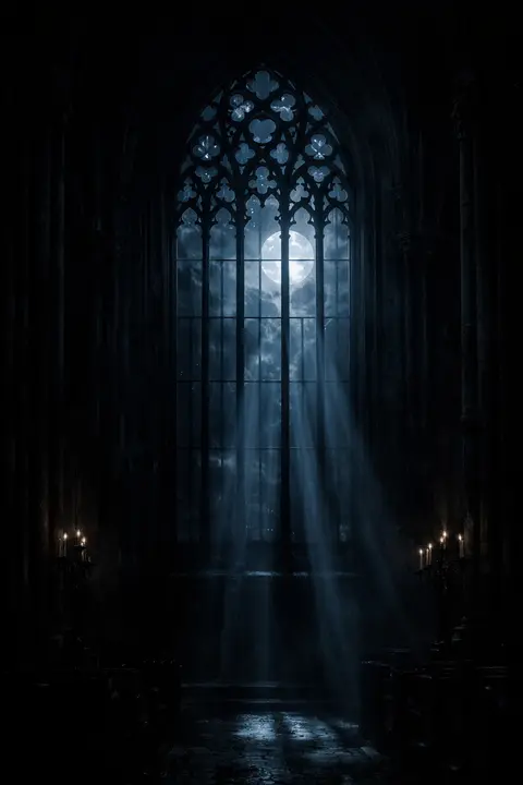 Dark gothic wallpaper with cold moonlight through the stone tracery of a cathedral window