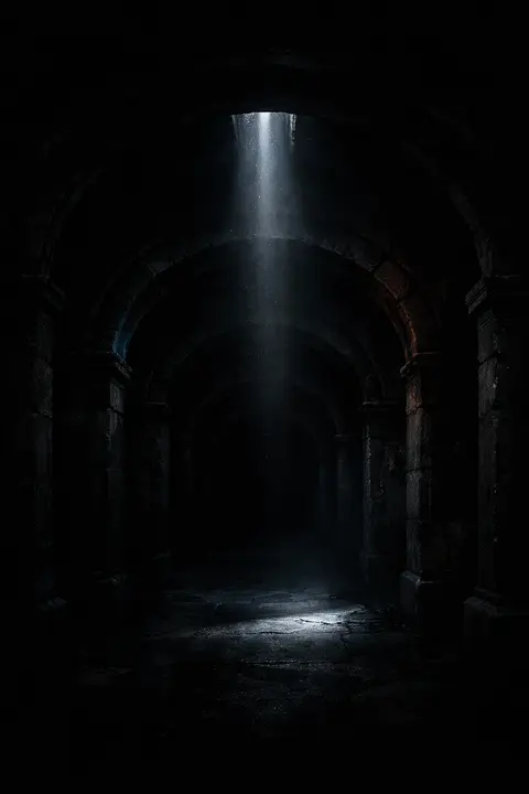 Dark gothic wallpaper with a receding row of stone crypt arches vanishing into blackness