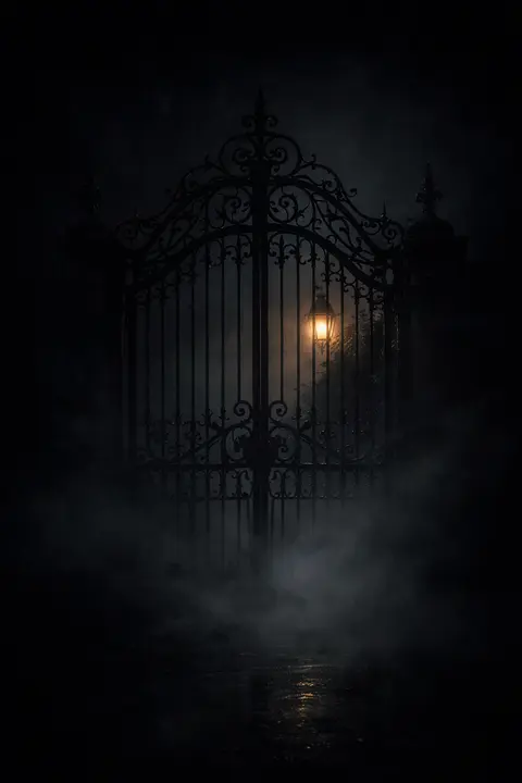 Dark wallpaper with an ornate wrought iron gate half swallowed by night fog and one faint lamp