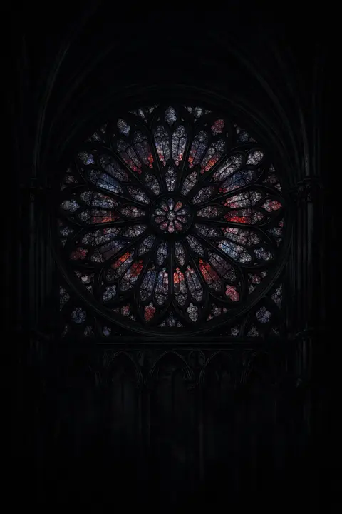Dark gothic wallpaper with a circular rose window in deep stained glass inside a black cathedral