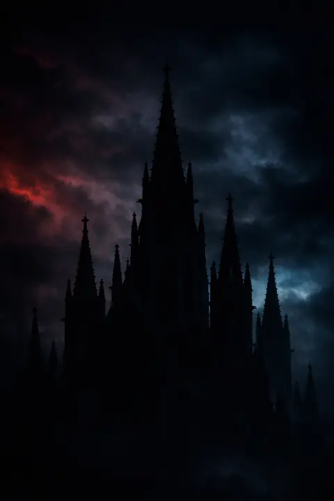 Dark gothic wallpaper with cathedral spires silhouetted against a heavy bruised night sky