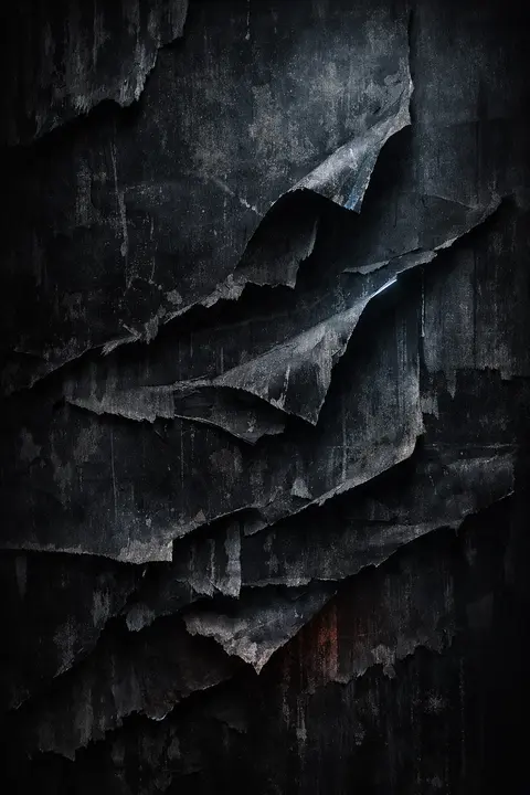 Dark grunge wallpaper with layered torn posters peeling over each other in faded ink