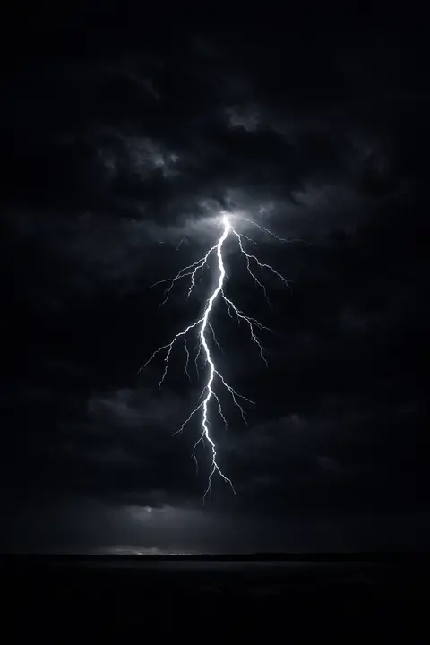 Dark storm wallpaper with one white fork of lightning splitting a black night sky