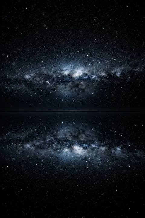 Midnight wallpaper with a band of stars mirrored in a still black lake across a clean horizon