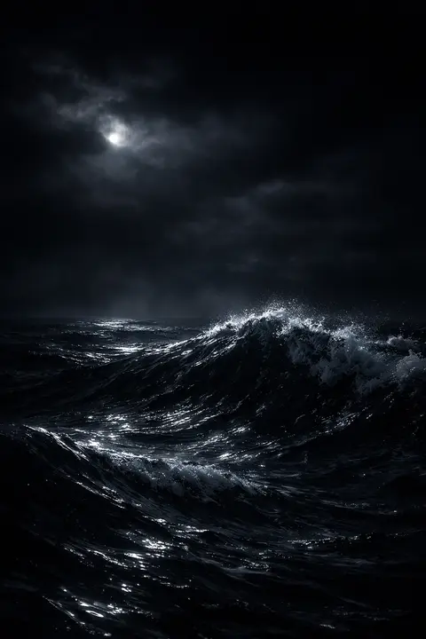 Dark ocean wallpaper with a black night swell and cold silver crests under a low moon