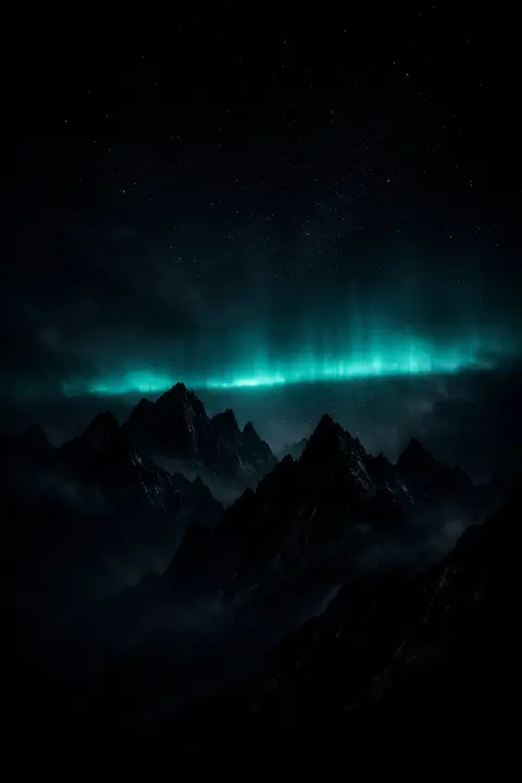 Dark wallpaper of mountain silhouettes under a thin teal aurora band