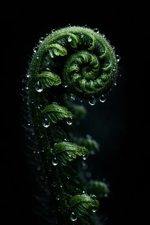 Dark nature wallpaper with a single fern frond in macro, dew beads on deep green over black