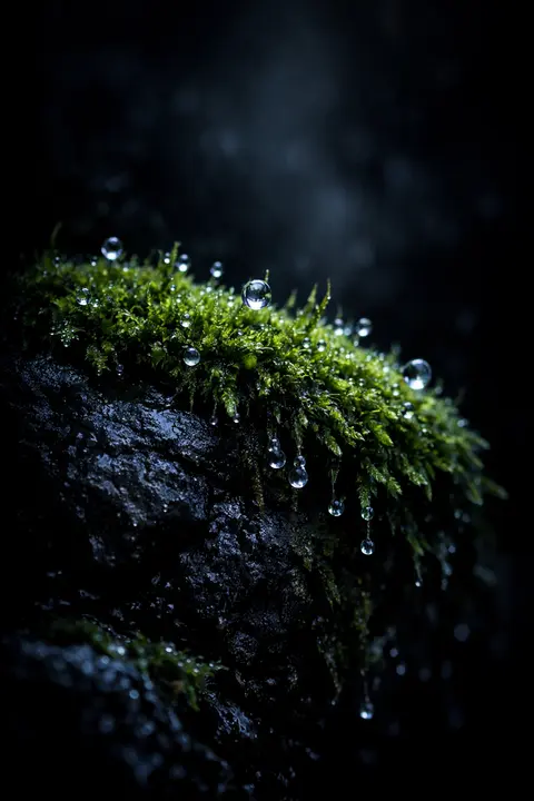 Dark nature wallpaper with wet moss over dark stone in macro and droplets catching cold light