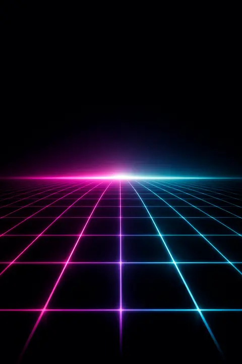 Neon wallpaper with a magenta and cyan grid receding to a glowing horizon on pure black
