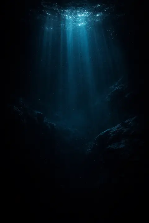Dark ocean wallpaper seen far underwater with faint blue light shafts fading into black water
