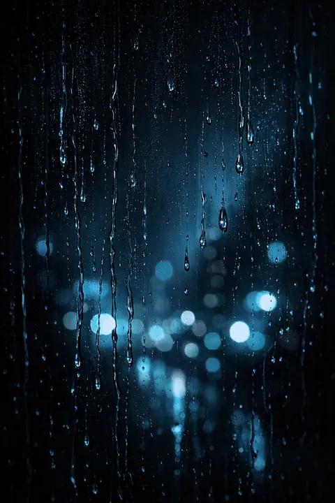 Dark rain wallpaper with cold blue rain running down glass and a blurred night city behind
