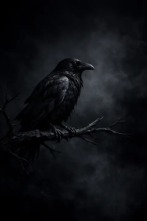 Dark gothic wallpaper with a black raven perched on a bare branch against charcoal mist