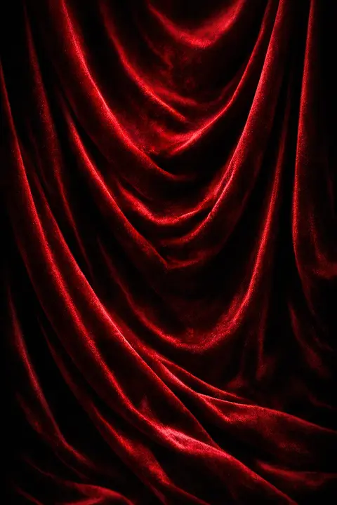 Dark red wallpaper with deep crimson velvet in heavy folds falling to near black in the creases