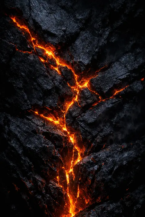 Dark wallpaper with black volcanic rock split by glowing orange fissures across the surface