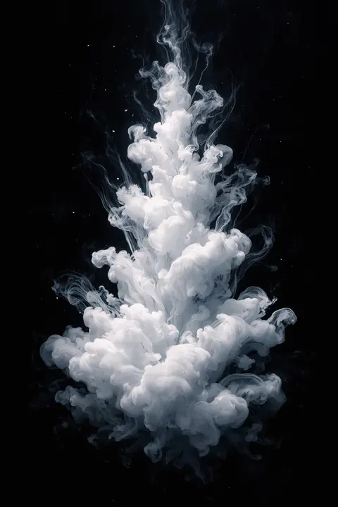 Dark abstract wallpaper with a plume of white ink blooming through black water