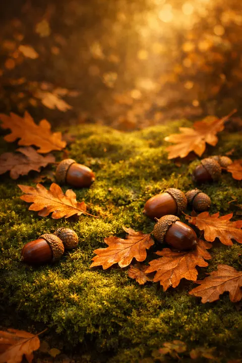 Fall wallpaper with a scatter of acorns and oak leaves resting on deep green moss