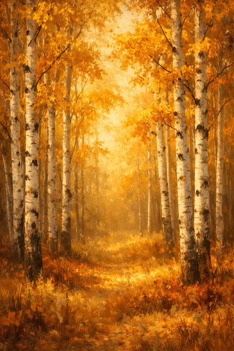 Fall wallpaper with a grove of slim white birch trunks and bright golden autumn leaves