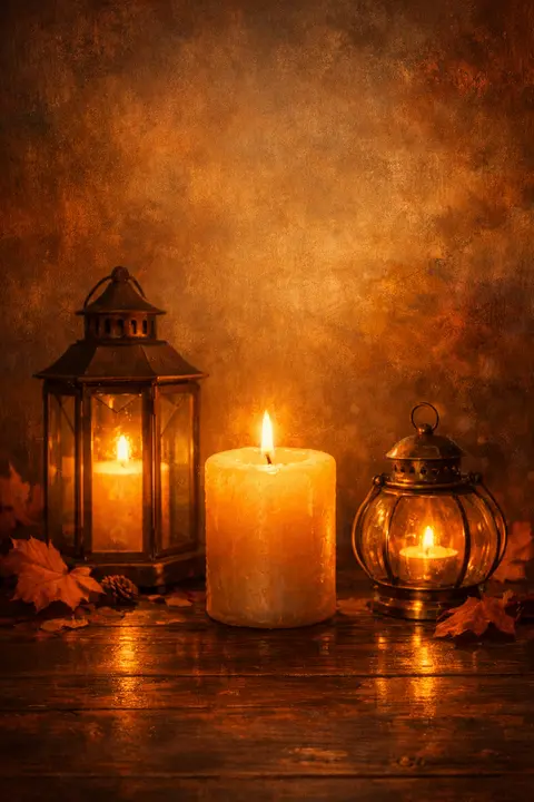 Cozy fall wallpaper with glass lanterns and a candle glowing warm amber on dark wood