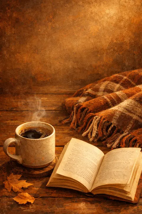 Cozy fall wallpaper flat lay with a coffee cup, open book and folded wool blanket on wood