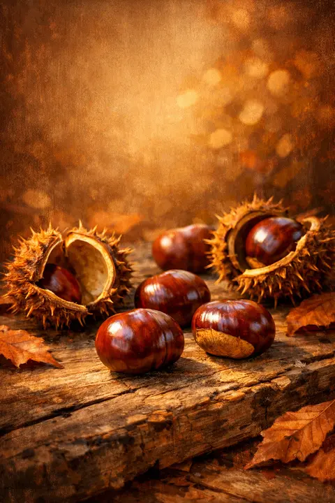 Fall wallpaper with glossy brown chestnuts and split spiky husks on weathered wood