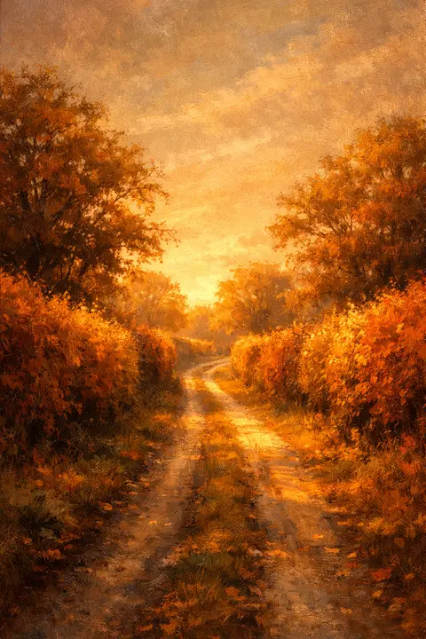 Fall wallpaper with a narrow country lane between rust and gold autumn hedgerows
