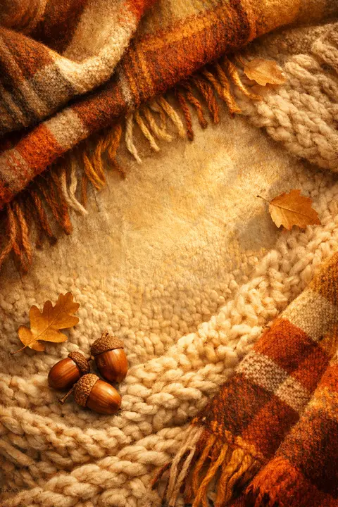 Autumn flat lay of a plaid blanket, knitted wool, acorns and small leaves in muted rust and cream