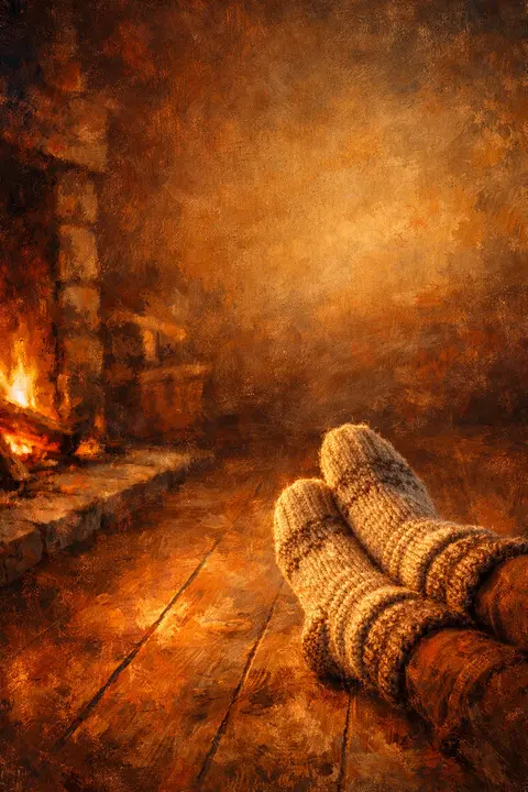 Cozy fall wallpaper with thick wool socks resting beside a hearth in soft firelight