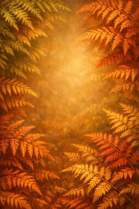 Fall wallpaper with ferns fading from green to copper and gold, fronds overlapping