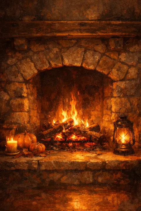 Cozy fall wallpaper with low flames over glowing logs in a stone fireplace and warm light