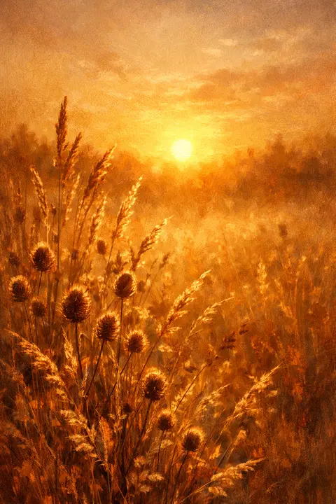 Fall wallpaper with tall dry grasses backlit by a low golden sun and glowing seed heads