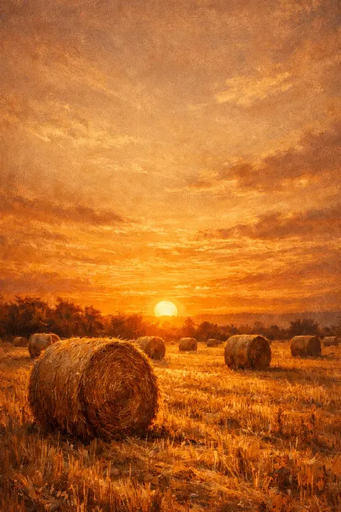Fall wallpaper with large round hay bales across a stubble field at dusk and a low sun