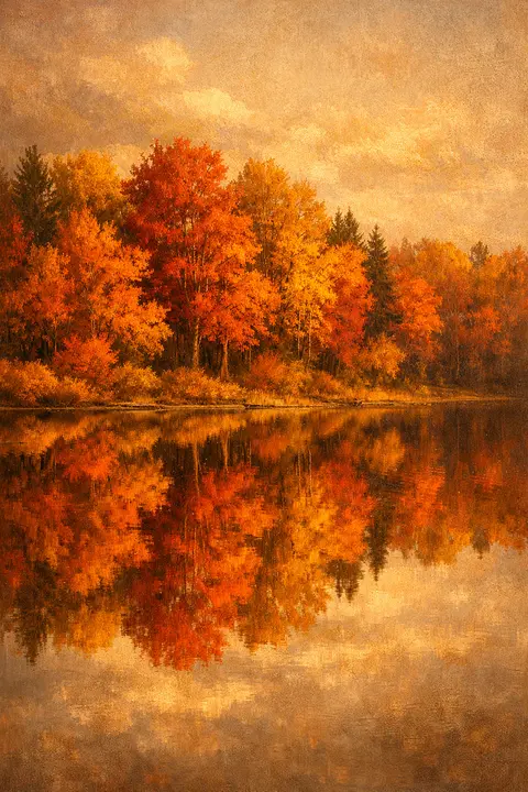 Fall wallpaper with autumn trees in full colour reflected in a perfectly still lake