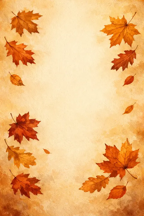 Maple and oak leaves in rust, amber and gold scattered across a warm cream background