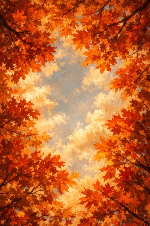 Fall wallpaper looking up through a dense red and orange maple canopy to the sky
