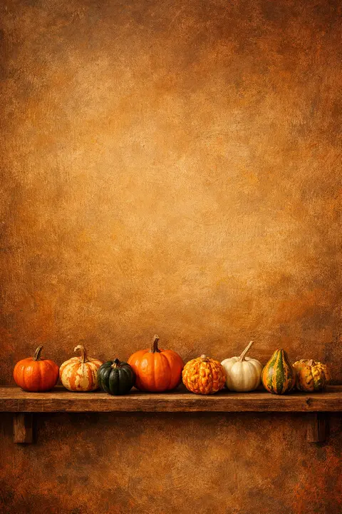 Fall wallpaper with a row of small pumpkins and gourds lined along a wooden shelf
