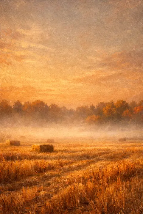 Fall wallpaper with low mist over a harvested stubble field at dawn and a faint treeline