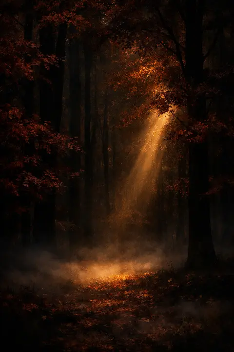 Dark autumn woods at dusk with burgundy foliage, near-black trunks and one shaft of warm light