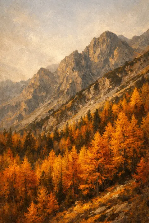 Fall wallpaper with a mountainside of larch turning gold against grey rock and pale sky