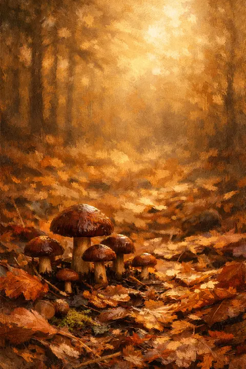 Fall wallpaper with small brown capped mushrooms growing among damp autumn leaf litter